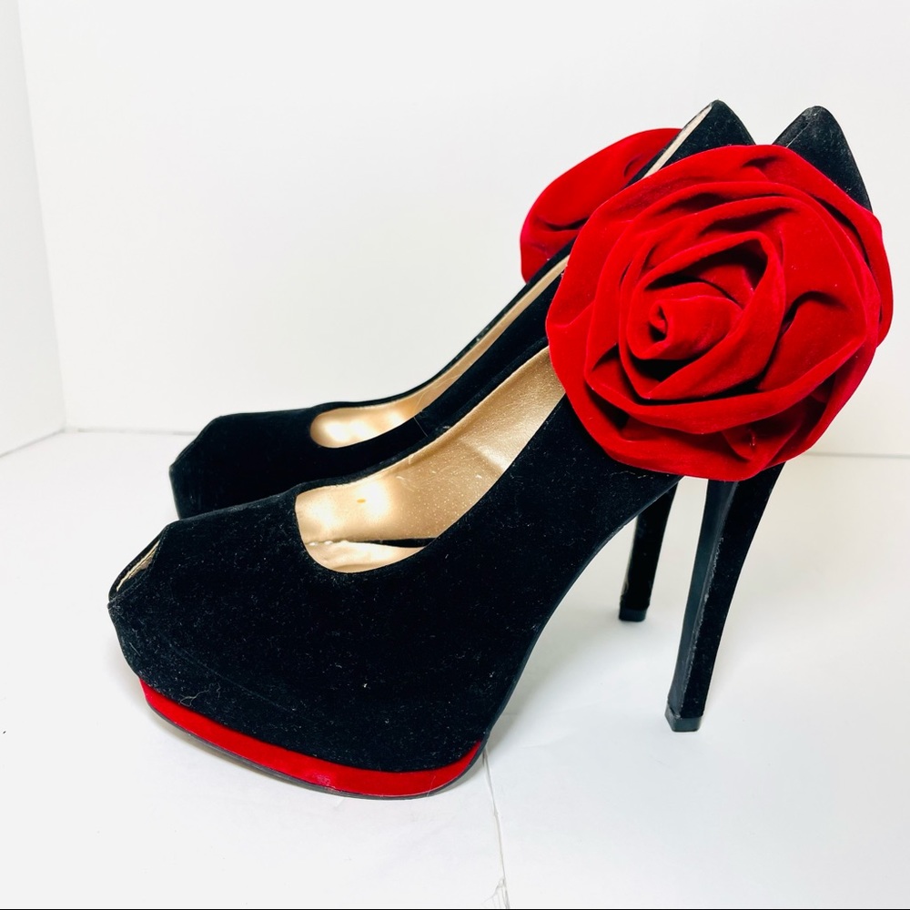 Qupid Red Rose Salsa Platform Heels